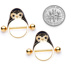 Load image into Gallery viewer, 14G 9/16 Black Gem Gold Tone Barn Owl Nipple Shield Set