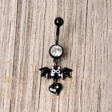 将图片加载到图库查看器,Clear Gem Black Heart Vampire Bat Halloween Dangle Belly Ring