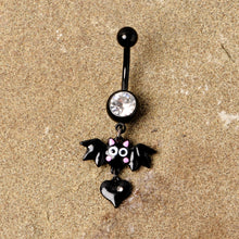 将图片加载到图库查看器,Clear Gem Black Heart Vampire Bat Halloween Dangle Belly Ring