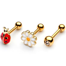 Load image into Gallery viewer, 16G 1/4 Clear Gem Gold Tone Ladybug Cartilage Tragus Set of 3