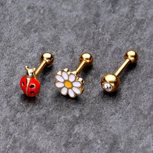 Load image into Gallery viewer, 16G 1/4 Clear Gem Gold Tone Ladybug Cartilage Tragus Set of 3