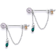 Load image into Gallery viewer, 14G 5/8 Green Yellow Gem Flower Bee Dangle Nipple Ring Set
