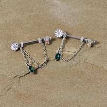 Load image into Gallery viewer, 14G 5/8 Green Yellow Gem Flower Bee Dangle Nipple Ring Set