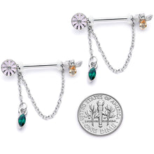 Load image into Gallery viewer, 14G 5/8 Green Yellow Gem Flower Bee Dangle Nipple Ring Set