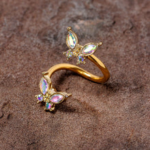 Load image into Gallery viewer, 14G 3/8 Aurora Gem Gold Tone Butterfly Spiral Twister Belly Ring