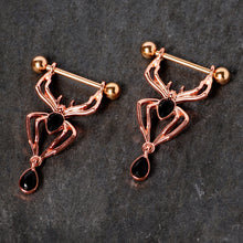 Load image into Gallery viewer, 9/16 Rose Gold Tone Black Gem Spider Halloween Dangle Nipple Ring Set