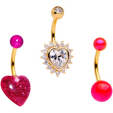 Load image into Gallery viewer, Clear Gem Gold Tone Pink UV Glow Heart Belly Ring Set of 3