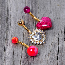 Load image into Gallery viewer, Clear Gem Gold Tone Pink UV Glow Heart Belly Ring Set of 3