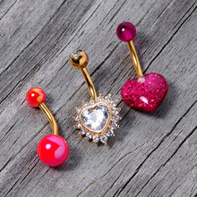 Load image into Gallery viewer, Clear Gem Gold Tone Pink UV Glow Heart Belly Ring Set of 3