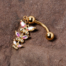 Load image into Gallery viewer, Aurora Gem Gold Tone Butterflies Top Mount Dangle Belly Ring