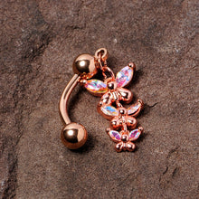 将图片加载到图库查看器,Aurora Gem Rose Gold Tone Butterflies Top Mount Dangle Belly Ring