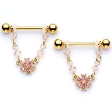 Load image into Gallery viewer, 14G 5/8 Pink Gem Gold Tone Dainty Flower Dangle Nipple Ring Set