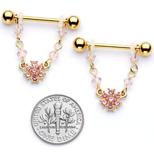 Load image into Gallery viewer, 14G 5/8 Pink Gem Gold Tone Dainty Flower Dangle Nipple Ring Set