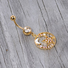 将图片加载到图库查看器,Clear Aurora Gem Gold Tone Circle Star Moon Dangle Belly Ring