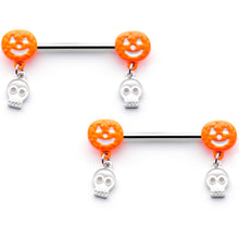 Load image into Gallery viewer, 14G 5/8 Orange Pumpkin Skull Halloween Dangle Nipple Ring Set