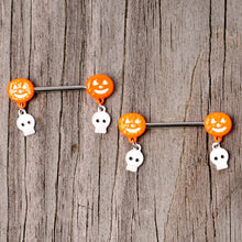Load image into Gallery viewer, 14G 5/8 Orange Pumpkin Skull Halloween Dangle Nipple Ring Set