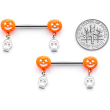 Load image into Gallery viewer, 14G 5/8 Orange Pumpkin Skull Halloween Dangle Nipple Ring Set