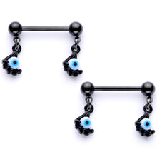 将图片加载到图库查看器,14G 5/8 Black Blue Eyeball Hand Halloween Dangle Nipple Ring Set