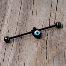 Load image into Gallery viewer, 14G Black Blue Eyeball Hand Halloween Industrial Barbell 38mm