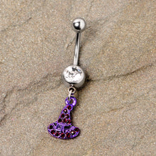 将图片加载到图库查看器,Clear Black Gem Purple Witch Hat Halloween Dangle Belly Ring
