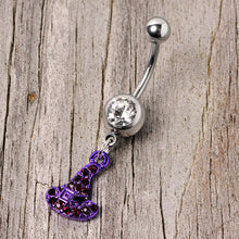 将图片加载到图库查看器,Clear Black Gem Purple Witch Hat Halloween Dangle Belly Ring