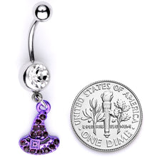 将图片加载到图库查看器,Clear Black Gem Purple Witch Hat Halloween Dangle Belly Ring