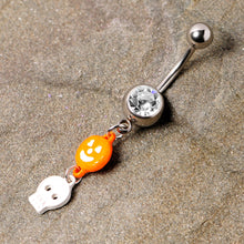 将图片加载到图库查看器,Clear Gem Orange Pumpkin Skull Halloween Dangle Belly Ring