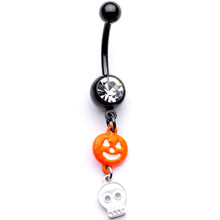 Load image into Gallery viewer, Clear Gem Black Orange Pumpkin Skull Halloween Dangle Belly Ring