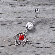 将图片加载到图库查看器,Clear Red Gem Holiday Holly Leaf Christmas Dangle Belly Ring