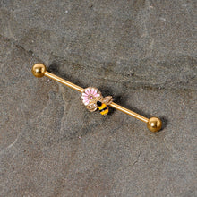 Load image into Gallery viewer, 14G Pink Clear Gem Gold Tone Bee Blossom Industrial Barbell 38mm