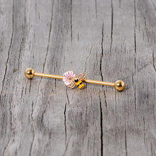 Load image into Gallery viewer, 14G Pink Clear Gem Gold Tone Bee Blossom Industrial Barbell 38mm