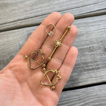 Load image into Gallery viewer, 14G Clear CZ Gem Gold Tone Open Flower Industrial Barbell 38mm