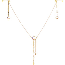 Load image into Gallery viewer, 14G 9/16 Blue Pink Gem Gold Tone Moon Cross Dangle Nipple Chain