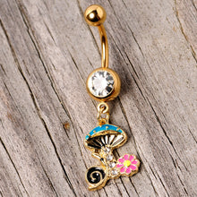 Load image into Gallery viewer, Clear Gem Gold Tone Snail Flower Magic Mushroom Dangle Belly Ring