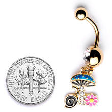 Load image into Gallery viewer, Clear Gem Gold Tone Snail Flower Magic Mushroom Dangle Belly Ring