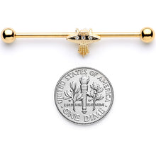 Load image into Gallery viewer, 14G Clear Gem Gold Tone Alien UFO Beam Industrial Barbell 38mm