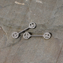 Load image into Gallery viewer, 14G 9/16 Clear Gem Retro Peace Sign Barbell Nipple Ring Set