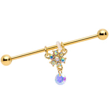 Load image into Gallery viewer, 14G Aurora Gem Gold Tone Flower Dangle Industrial Barbell 38mm