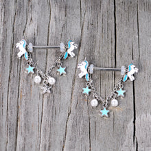 Load image into Gallery viewer, 14G 5/8 Blue White Unicorn Star Chain Dangle Nipple Ring Set