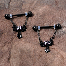 Load image into Gallery viewer, 14G 5/8 Clear Gem Black Bat Halloween Dangle Nipple Ring Set