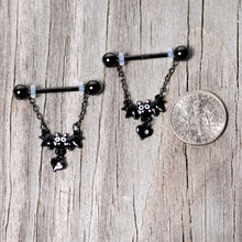Load image into Gallery viewer, 14G 5/8 Clear Gem Black Bat Halloween Dangle Nipple Ring Set