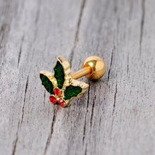 Load image into Gallery viewer, 16G 1/4 Red Gem Gold Tone Mistletoe Christmas Cartilage Tragus
