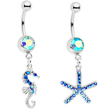 Load image into Gallery viewer, Blue Gem Starfish Seahorse Nautical Dangle Belly Ring Set of 2