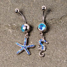 Load image into Gallery viewer, Blue Gem Starfish Seahorse Nautical Dangle Belly Ring Set of 2