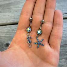 Load image into Gallery viewer, Blue Gem Starfish Seahorse Nautical Dangle Belly Ring Set of 2
