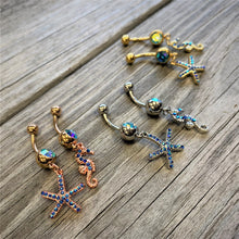 Load image into Gallery viewer, Blue Gem Rose Gold Tone Starfish Seahorse Nautical Belly Ring Set of 2