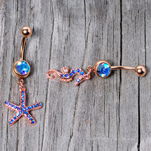 Load image into Gallery viewer, Blue Gem Rose Gold Tone Starfish Seahorse Nautical Belly Ring Set of 2