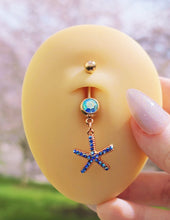 Load image into Gallery viewer, Blue Gem Rose Gold Tone Starfish Seahorse Nautical Belly Ring Set of 2