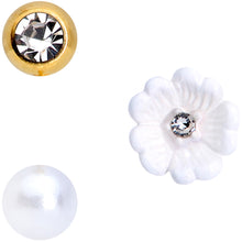 Load image into Gallery viewer, 16G 5/16 Clear Gem Gold Tone Flower Labret Tragus Set of 3