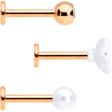Load image into Gallery viewer, 16G 5/16 Clear Gem Rose Gold Tone Flower Labret Tragus Set of 3